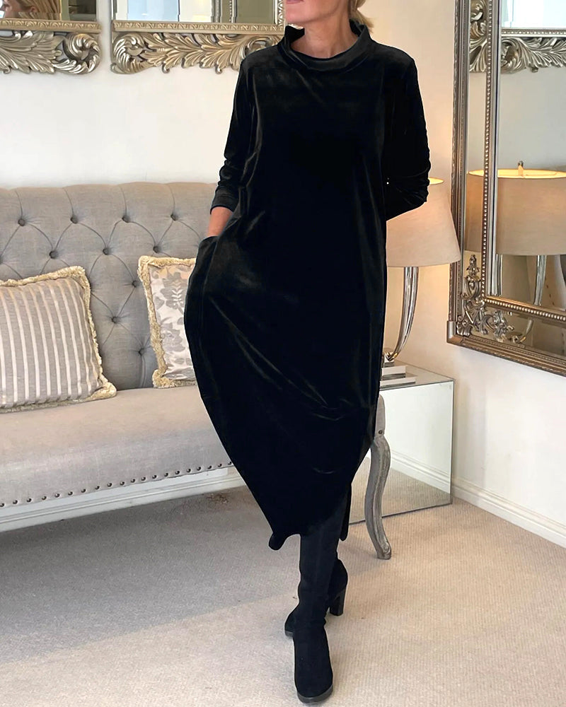 Women's Velvet Midi Dress | Long Sleeve Relaxed Fit | Elegant Fall Winter Outfit