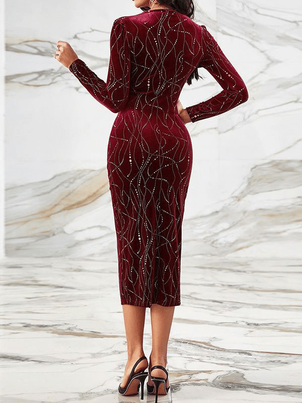 Elegant Velvet Bodycon Dress | Glitter Detail | Slit Hem | Evening Wear