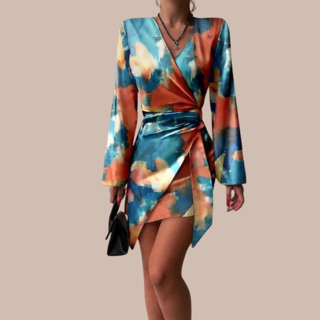 Satin Wrap Dress | Abstract Print with Long Sleeves & Side Tie | Elegant Evening Silhouette