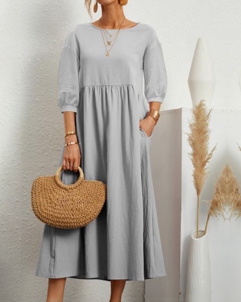 Cotton Blend Midi Dress | 3/4 Sleeve | Relaxed Waist with Pockets