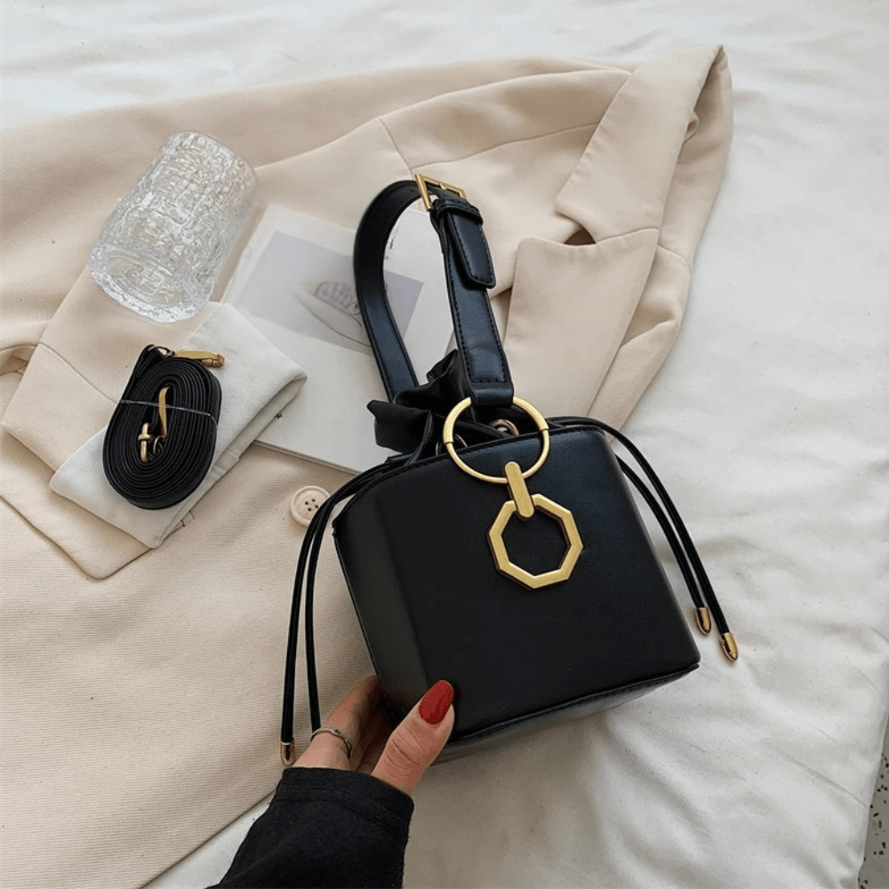 Geometric Bucket Bag | PU Leather | Drawstring Closure with Gold Charm
