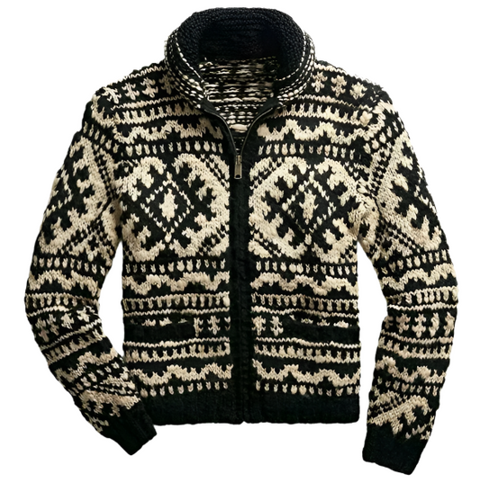 Cowichan-Style Knit Zip Cardigan | Heavyweight Wool Blend | Classic Winter Pattern