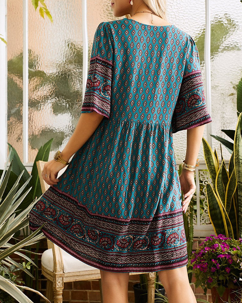 Boho Printed Tunic Dress | V-Neck | Lightweight Summer Fit