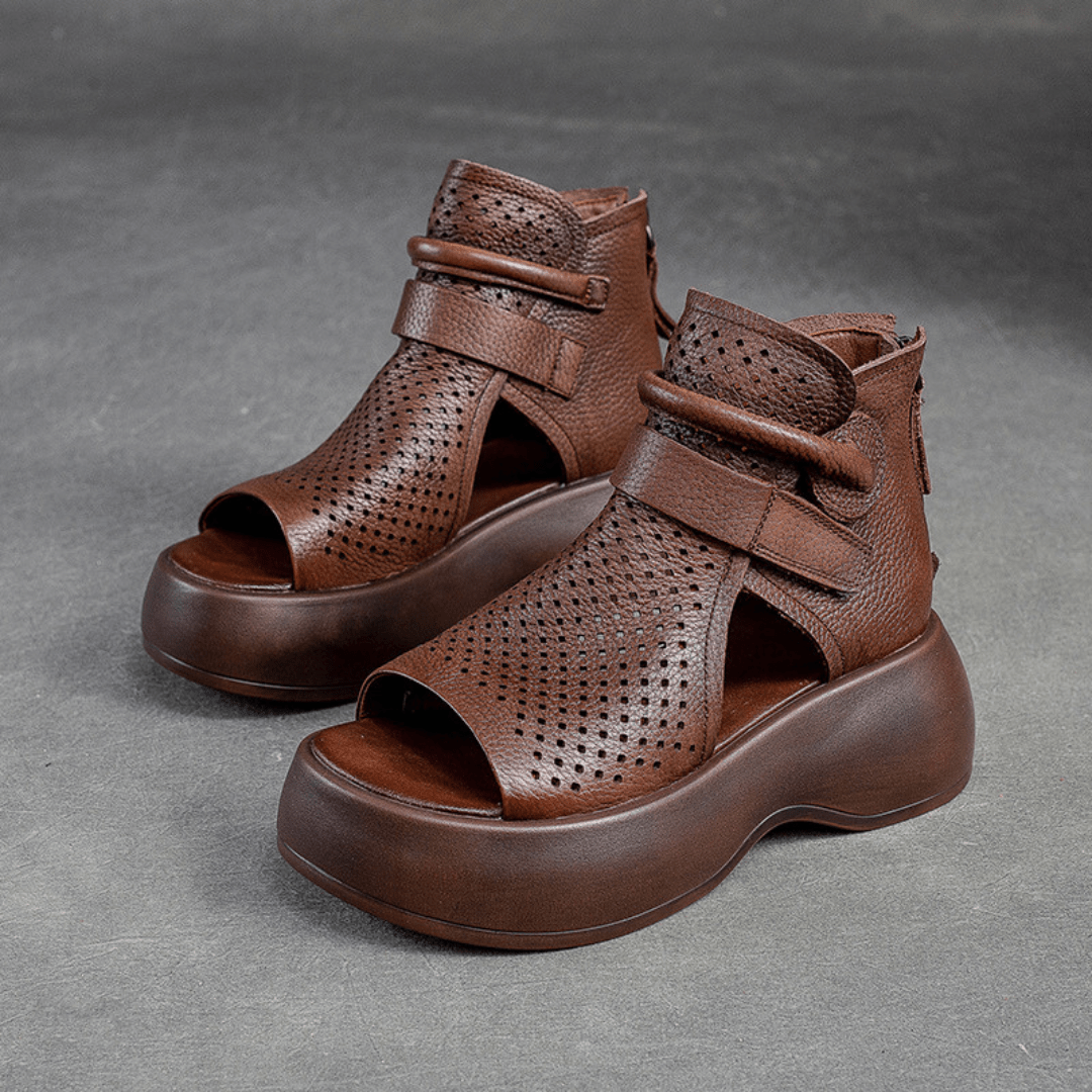 Perforated Leather Platform Sandals | Supportive Sole with Zip Closure