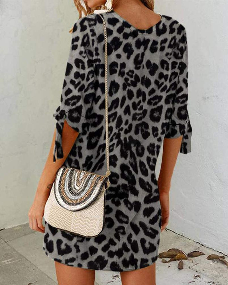 Women’s Leopard Print Mini Dress | Short Sleeve Tie Detail | Casual Animal Print Tunic