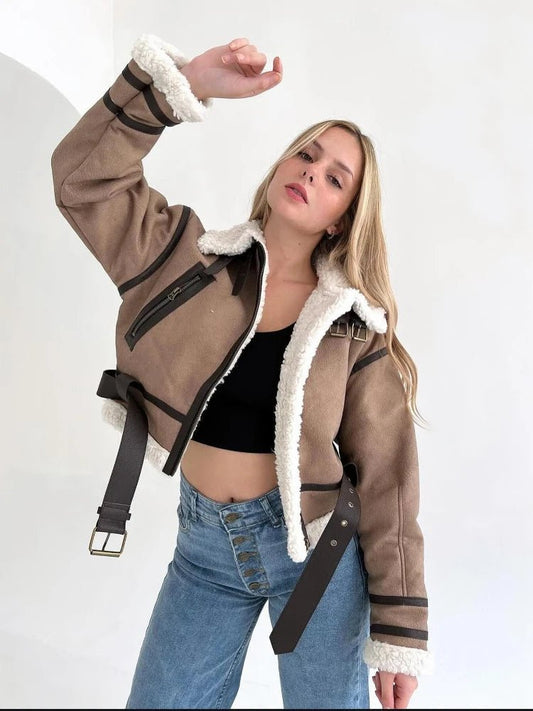 Cropped Aviator Jacket | Faux Shearling Lining | Belted Design