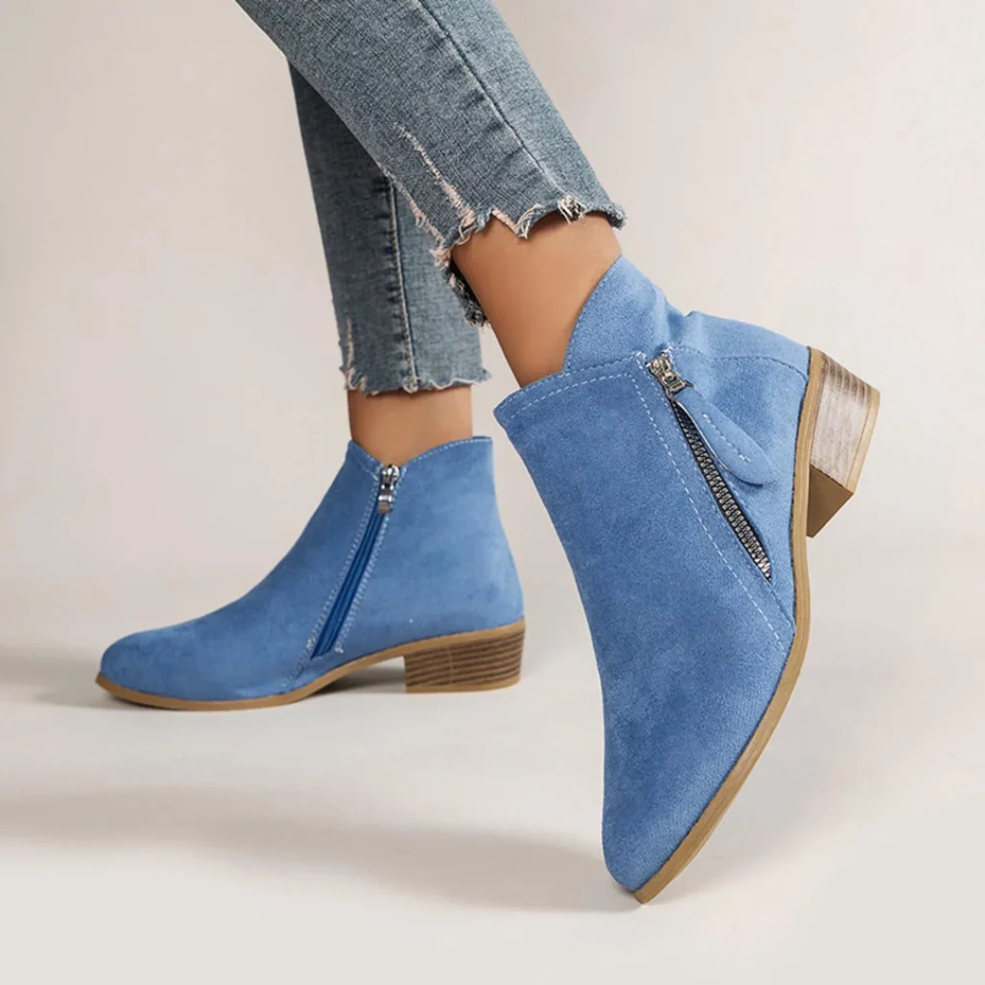 Suede Ankle Booties | Low Block Heel | Side Zip Casual Boots