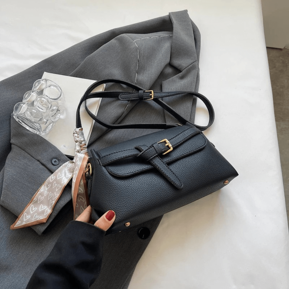 Buckle Detail Shoulder Bag | Pebbled PU Leather | Crossbody with Scarf Accent
