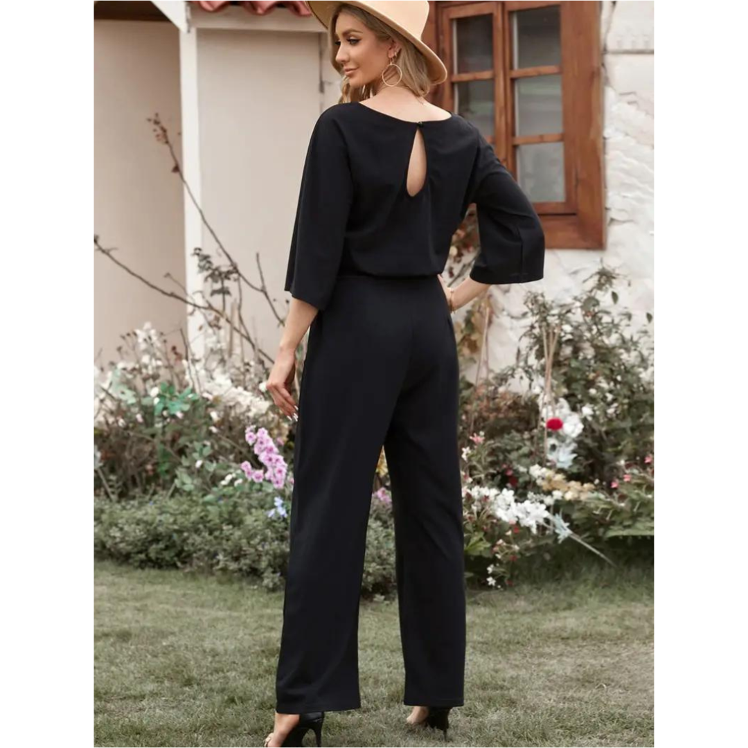 Wide-Leg Belted Jumpsuit | Cropped Sleeve | Modern One-Piece Style