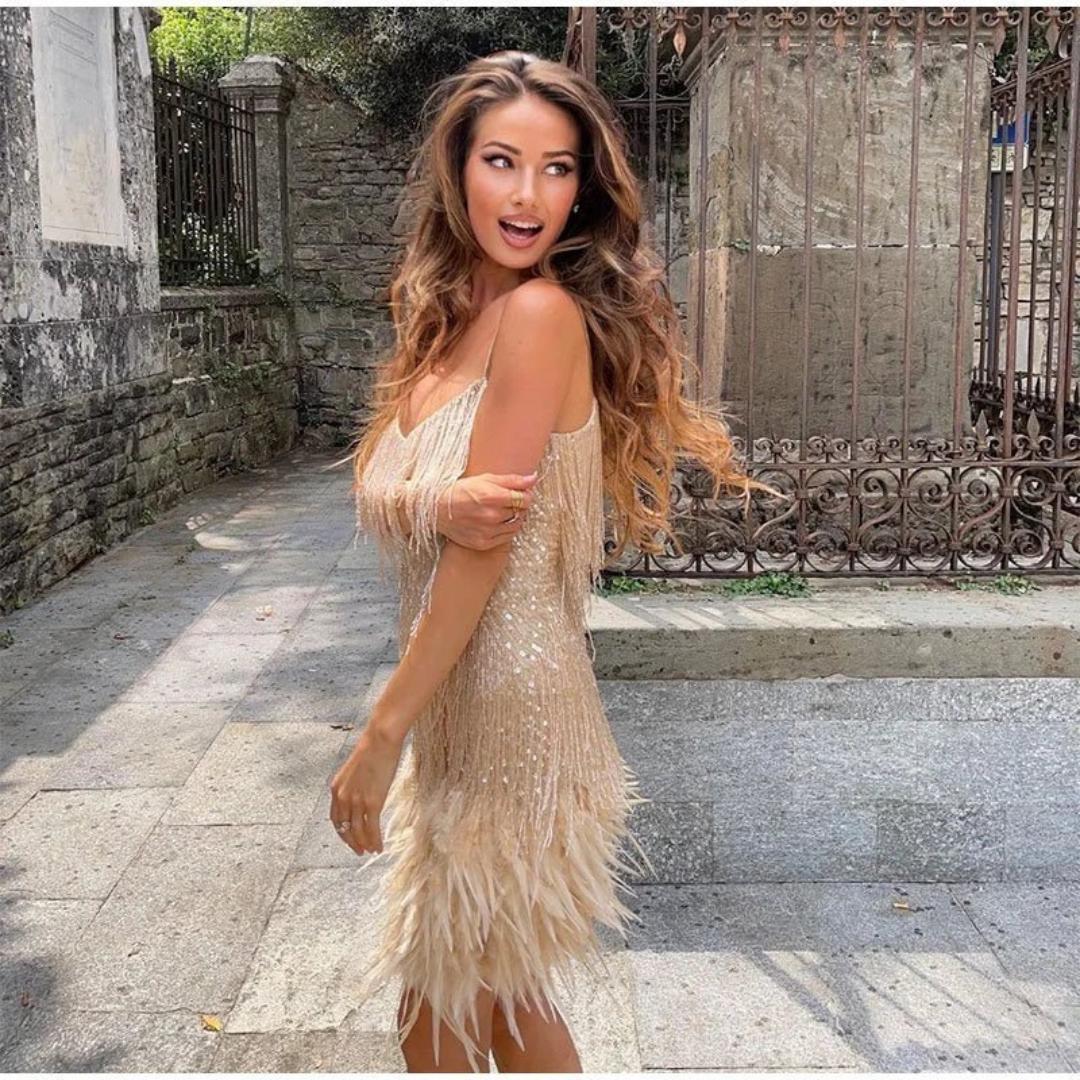 Women's Sequin Feather Mini Dress | Spaghetti Strap Party Dress | Glam Night Out Outfit