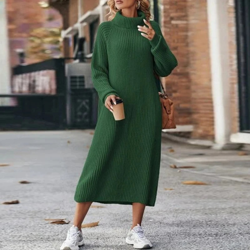 Women’s Turtleneck Sweater Dress | Rib-Knit Midi Pullover | Cozy Long Sleeve Knitwear