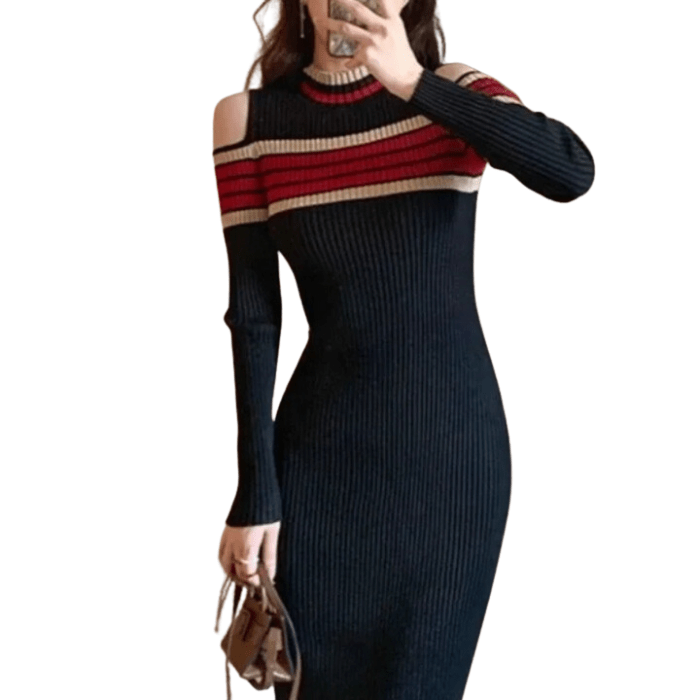 Cold-Shoulder Knit Midi Dress | Striped Detail & Side Button Slit | Sleek Fall Style