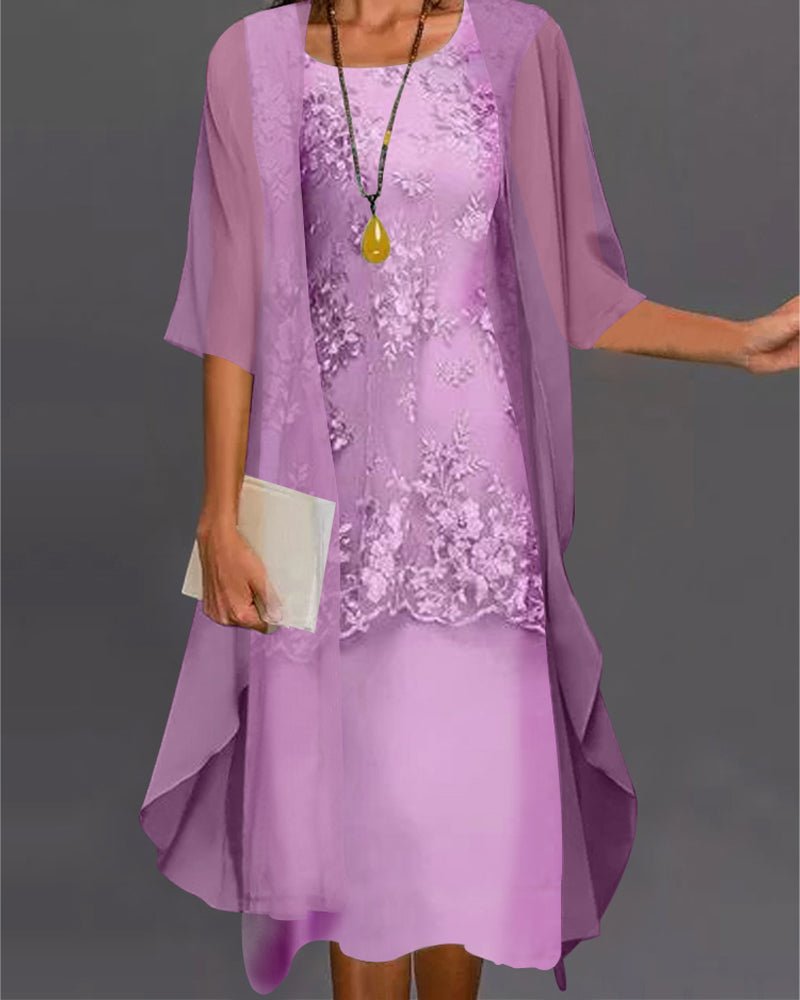 Embroidered Midi Dress with Sheer Cape | 2-Piece Set | Elegant Occasionwear
