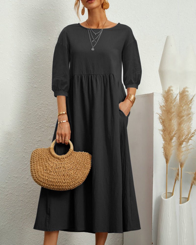 Cotton Blend Midi Dress | 3/4 Sleeve | Relaxed Waist with Pockets