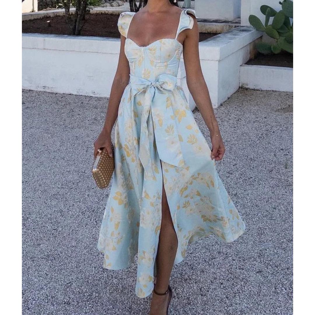 Sweetheart Midi Dress with Bow Waist | Ruffled Strap Summer Dress | Floral Occasionwear Canada