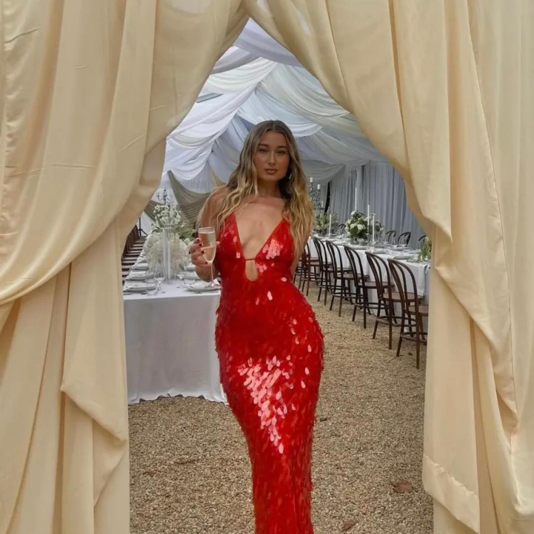 Sequin Gown | Deep V-Neck & Bodycon Fit | Red Evening Dress with Keyhole Detail