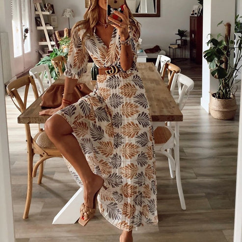 Women's Leaf Print Wrap Maxi Dress | Lightweight V-Neck Dress | Casual Summer Outfit