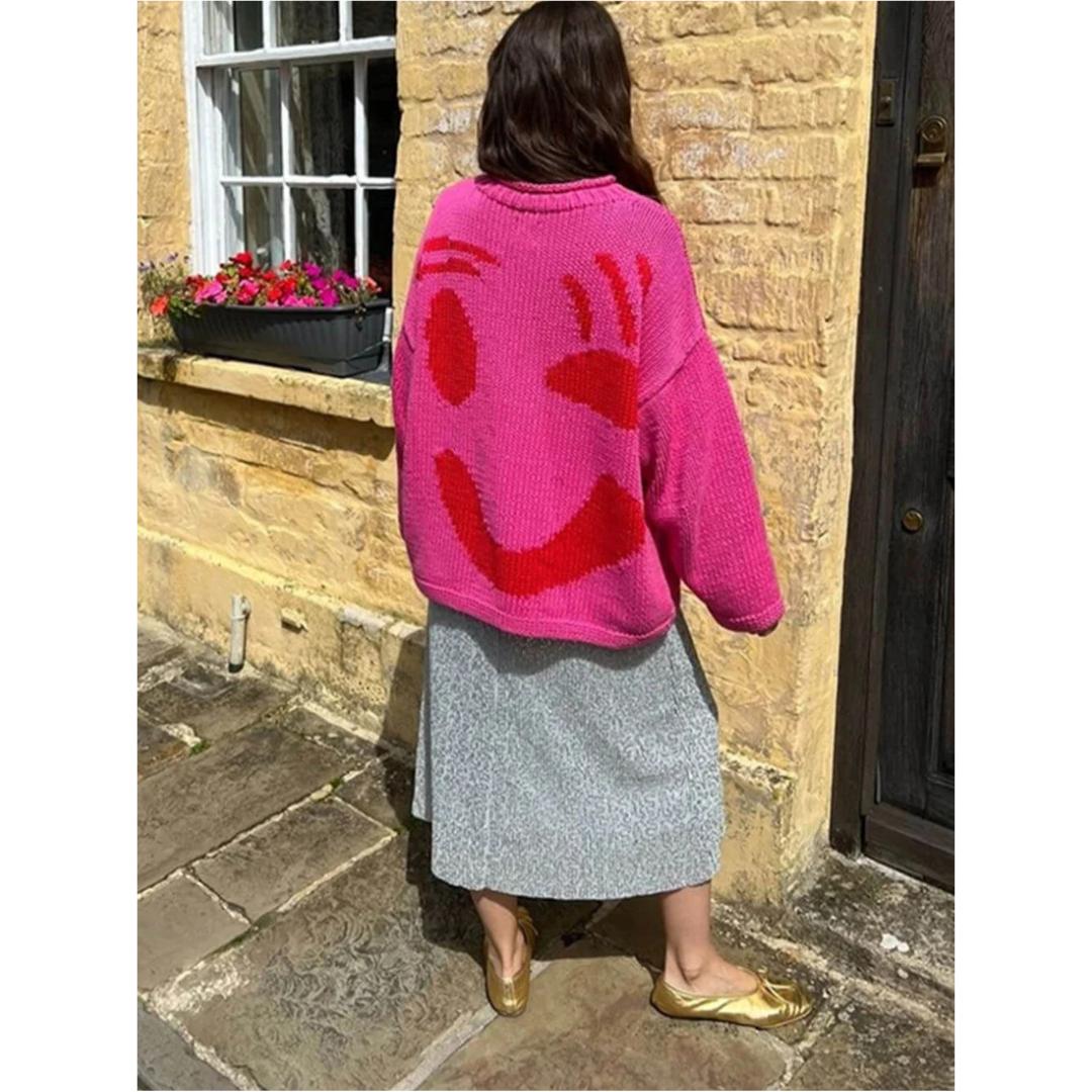 Oversized Knit Sweater | Abstract Face Embroidery | Art-Inspired Statement Pullover