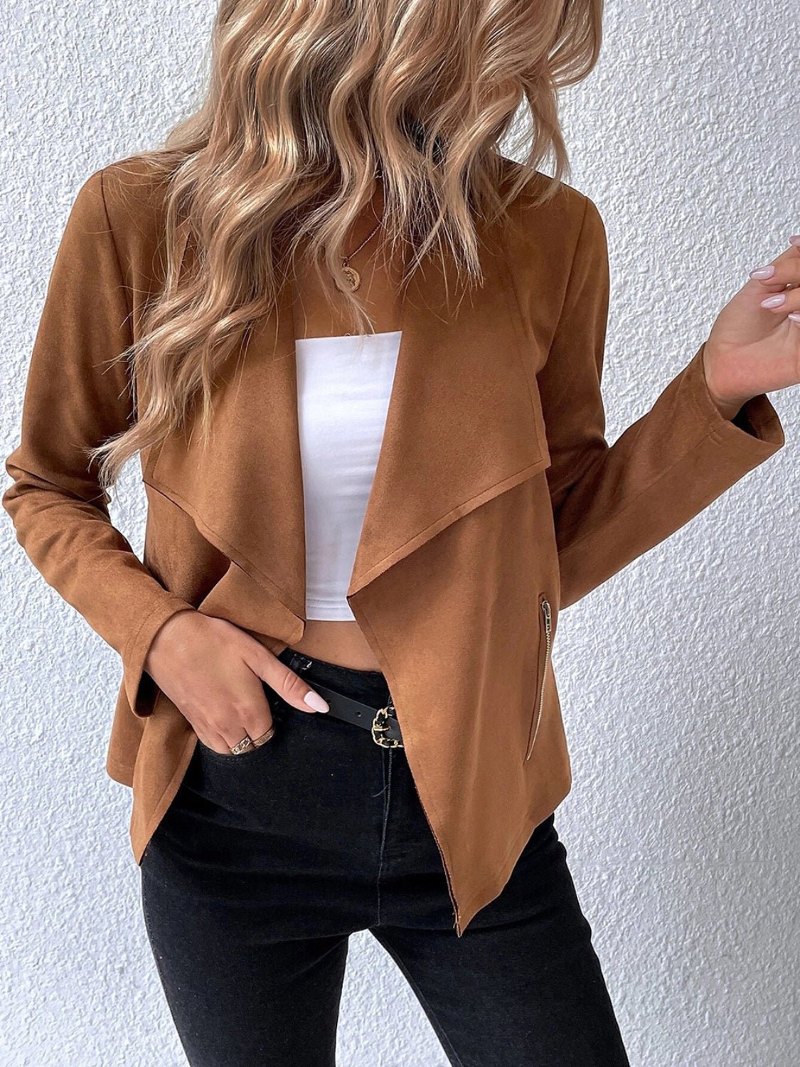 Draped Faux Suede Jacket | Lightweight & Chic | Open-Front Design | Versatile Layer