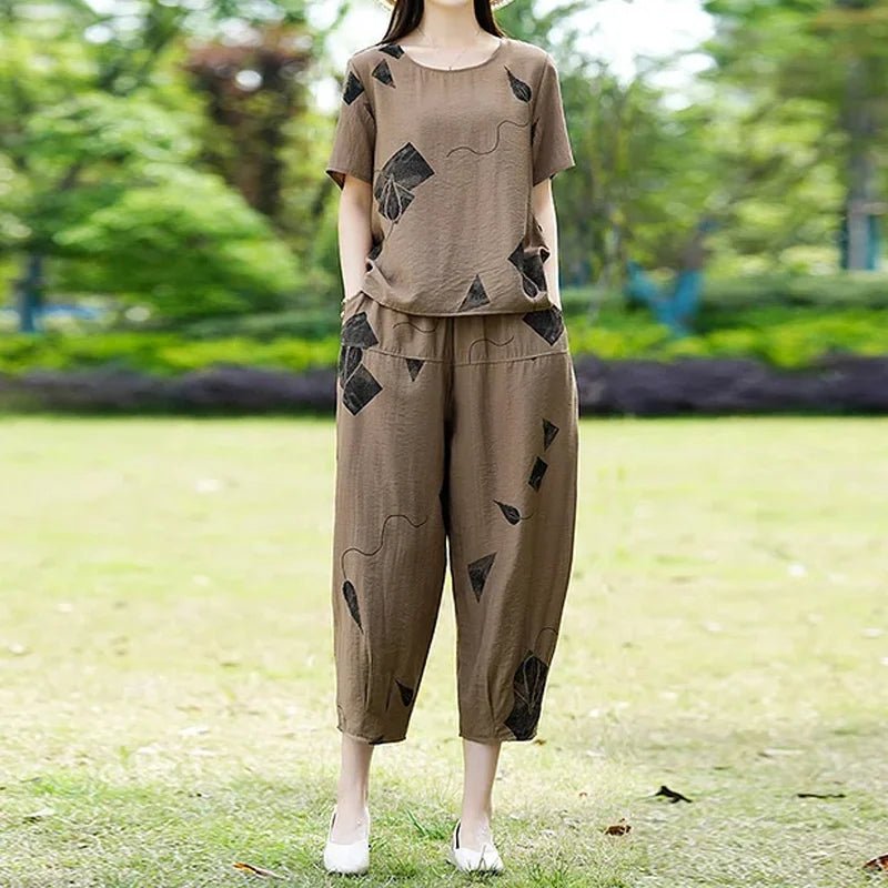 Relaxed Fit Two-Piece Set | Lightweight Crinkled Texture & Abstract Leaf Print