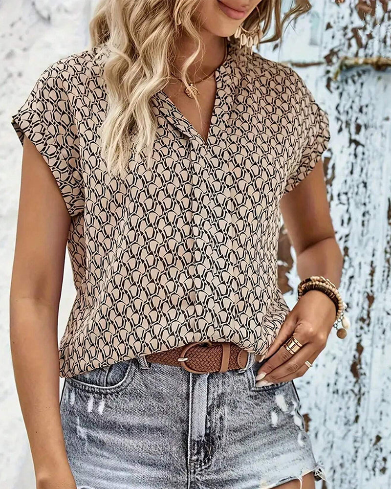 Cap Sleeve Printed Blouse | Lightweight V-Neck | Casual Summer Top