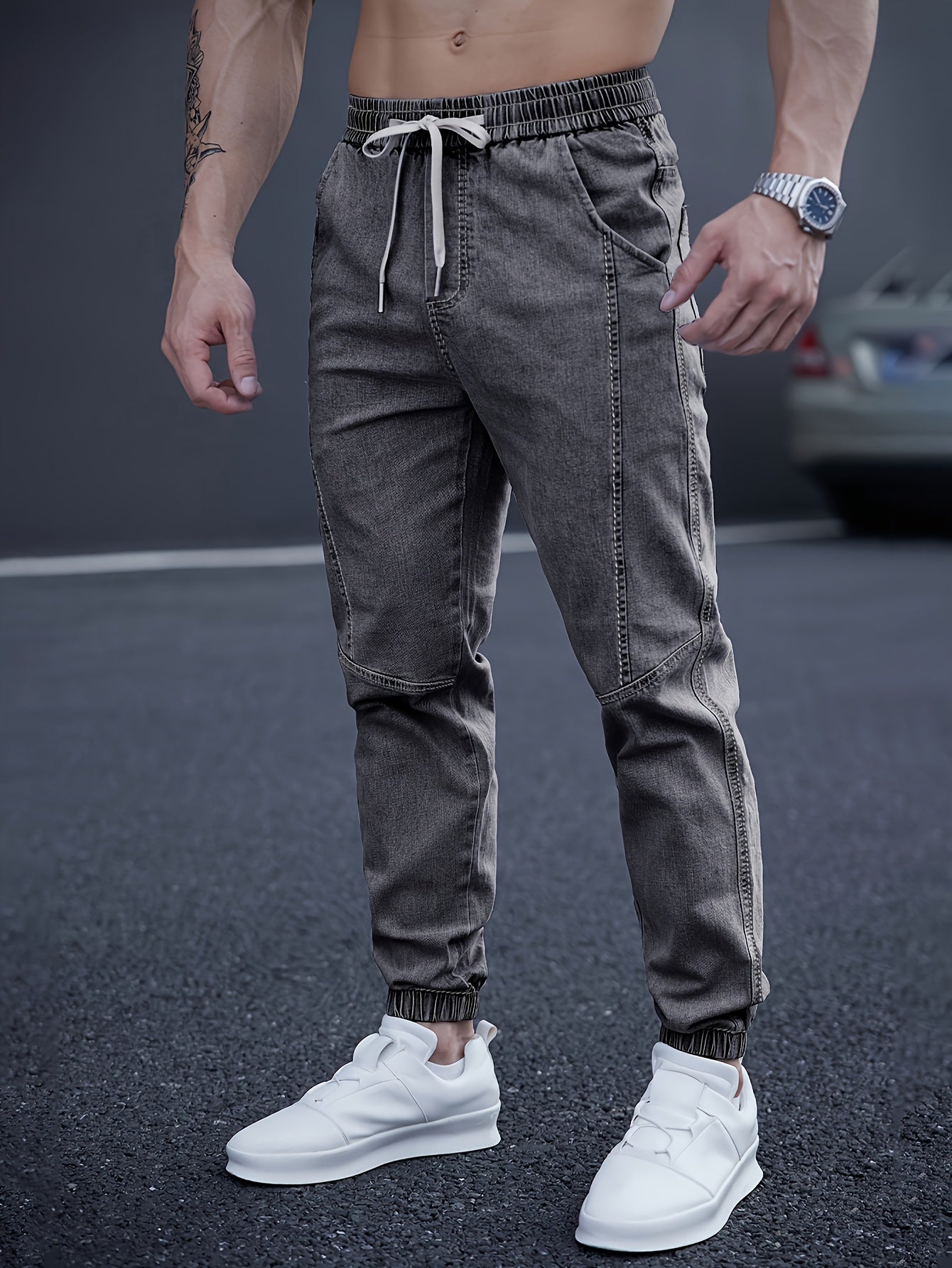 Men’s Drawstring Denim Joggers | Relaxed Fit Streetwear Jeans | Distressed Light Wash