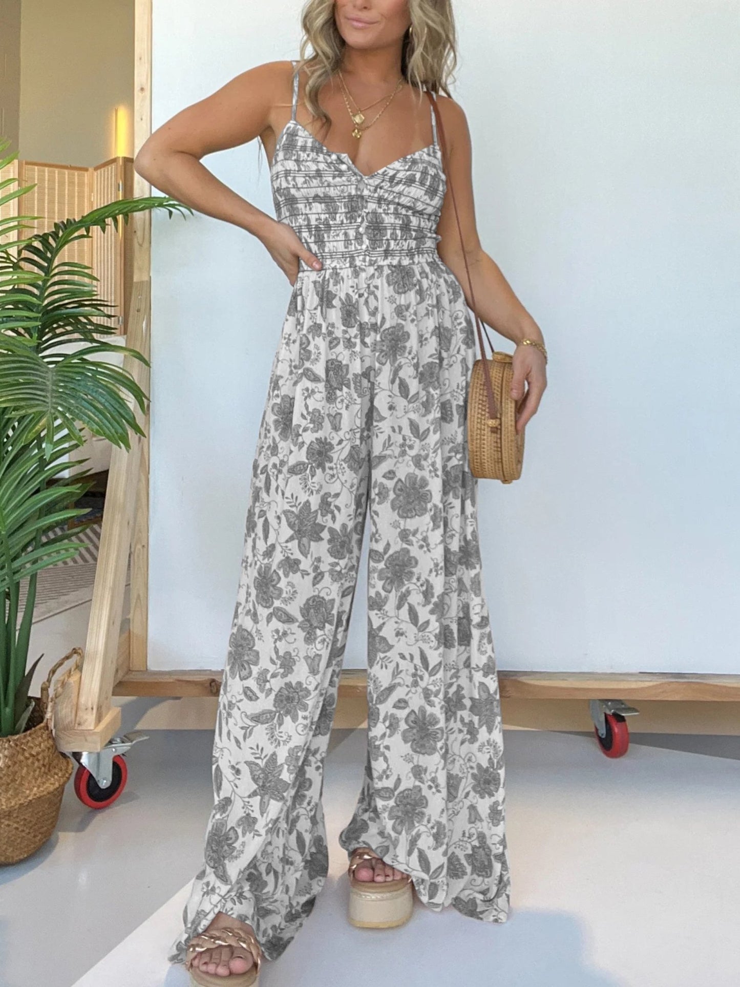 Smocked Jumpsuit | Floral Print | Flowy Wide-Leg Fit