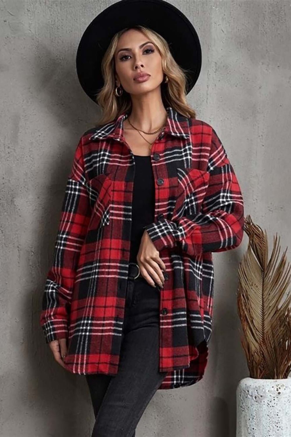 Plaid Button-Down Shacket | Versatile Layering Piece | Polyester Blend | Casual Outerwear