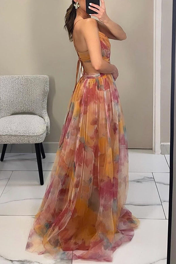 Backless Chiffon Gown | Watercolour Print Maxi Dress | Tie-Back Evening Silhouette