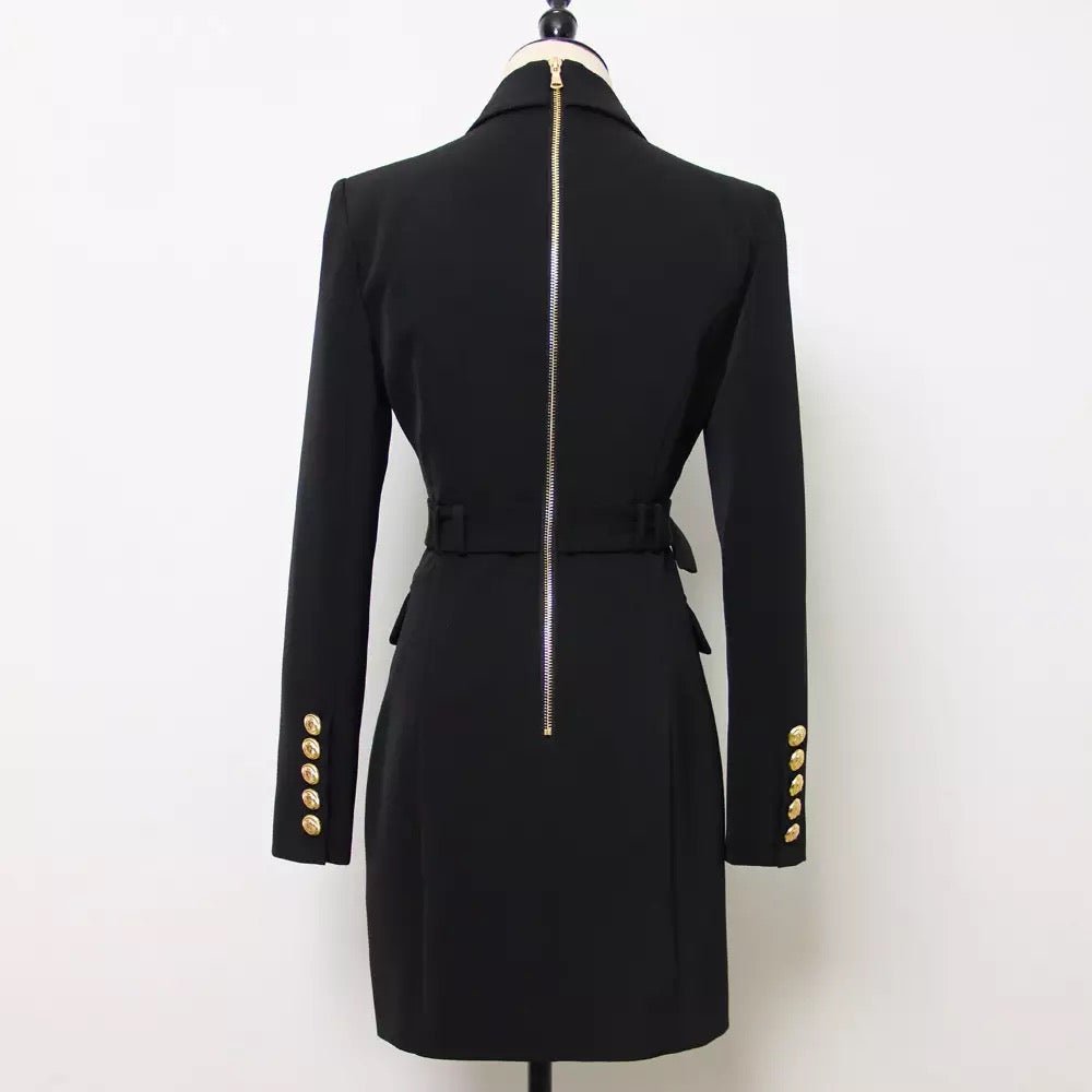 Belted Double-Breasted Blazer Dress | Gold Button Accents | Tailored Elegance | Versatile Style