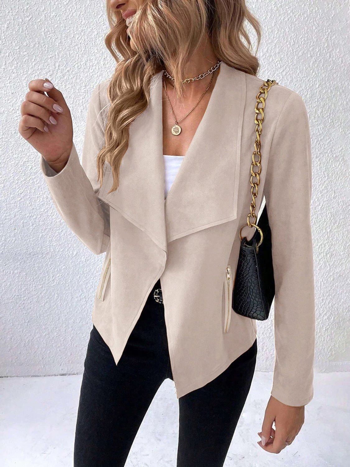 Draped Faux Suede Jacket | Lightweight & Chic | Open-Front Design | Versatile Layer