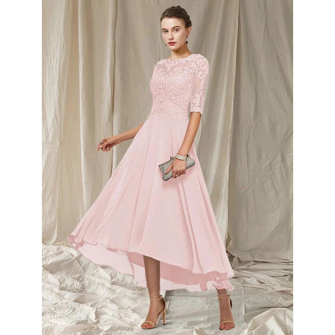 Lace Bodice High-Low Dress | Half Sleeve Chiffon Skirt | Elegant Formal Eveningwear