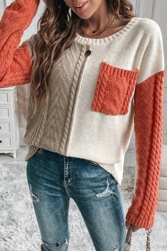 Colour-Block Cable Knit Sweater | Patch Pocket Design | Relaxed Fit | Trendy Fall Style