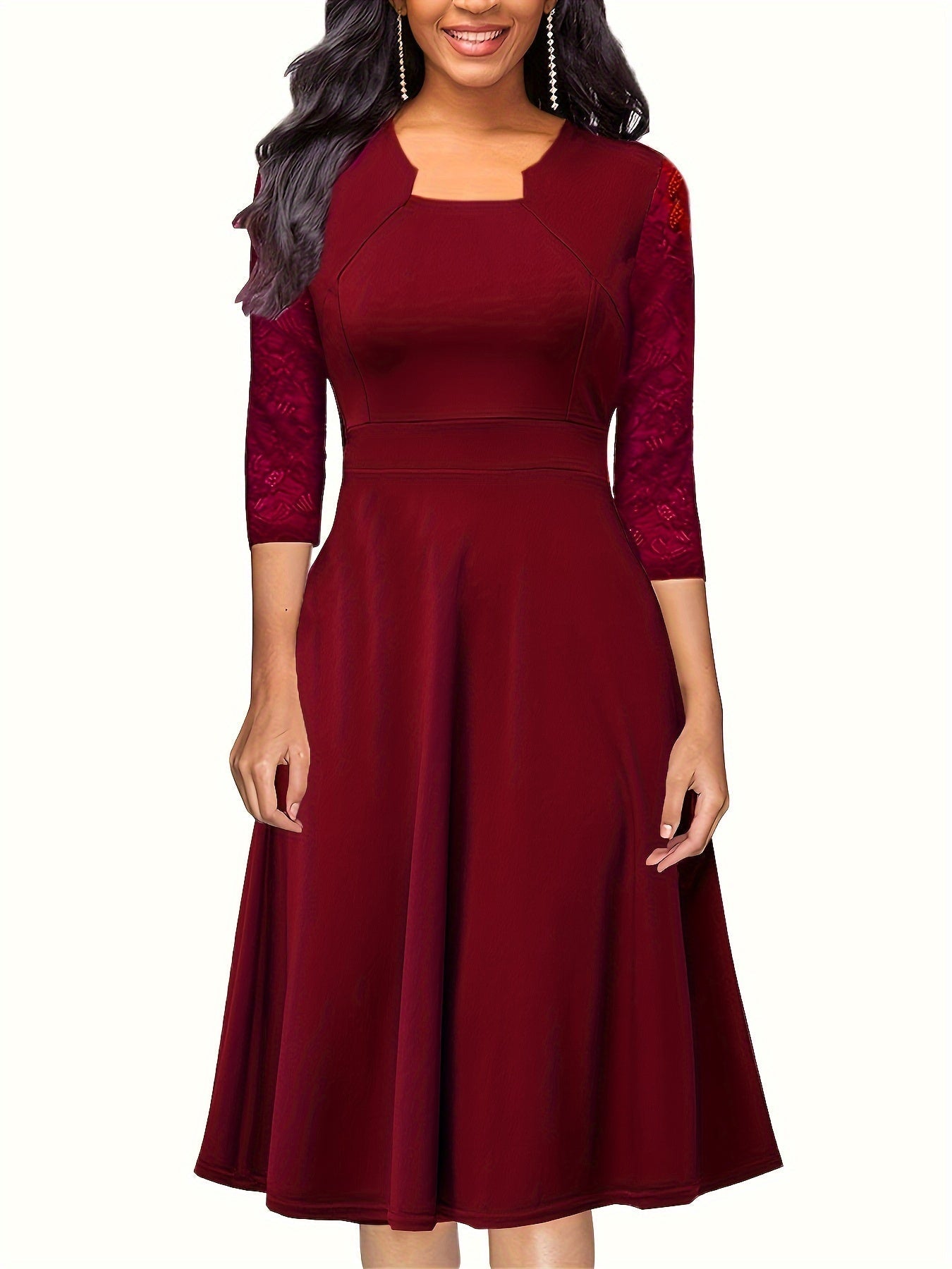 Elegant A-Line Dress | Sheer Lace Sleeves | Knee-Length | Versatile Occasion Wear