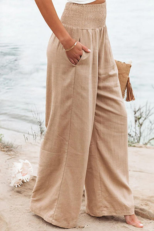 Women's Linen Blend Wide-Leg Pants | High Waist Smocked Waistband | Casual Summer Trousers