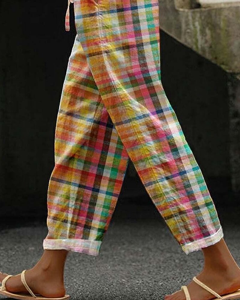 Relaxed Fit Plaid Linen Pants | Lightweight Drawstring Waist | Casual Tapered Leg
