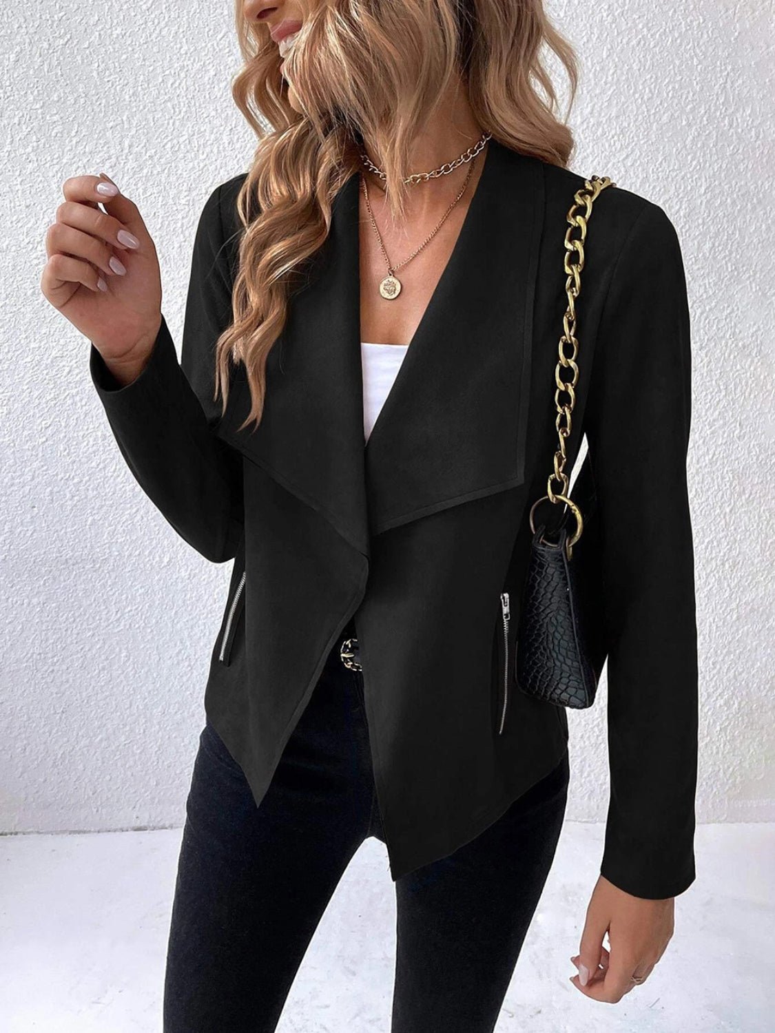 Draped Faux Suede Jacket | Lightweight & Chic | Open-Front Design | Versatile Layer