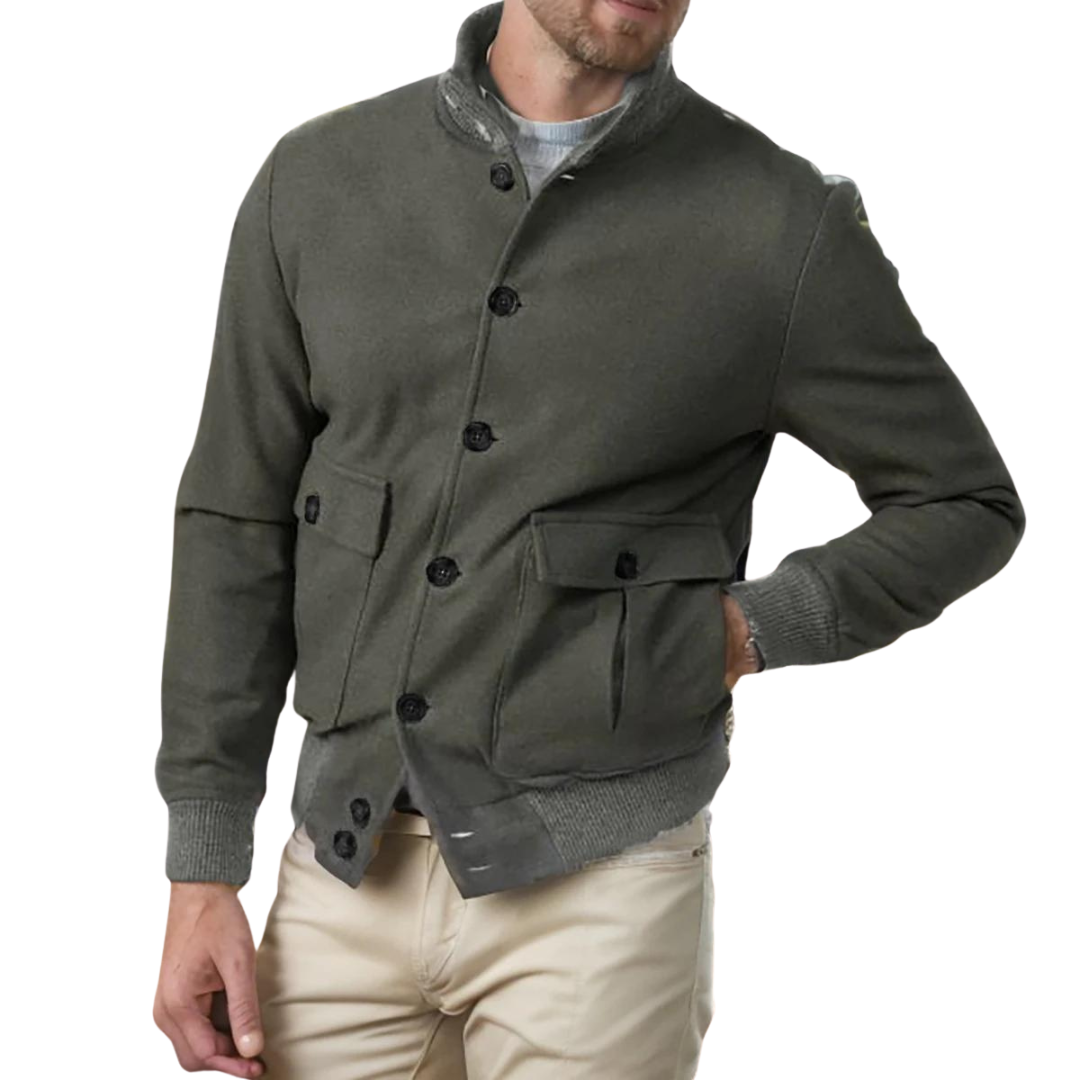 Men’s Wool-Blend Bomber Jacket | Stand Collar | Button-Up Fall Layer