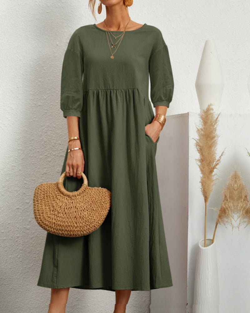 Cotton Blend Midi Dress | 3/4 Sleeve | Relaxed Waist with Pockets