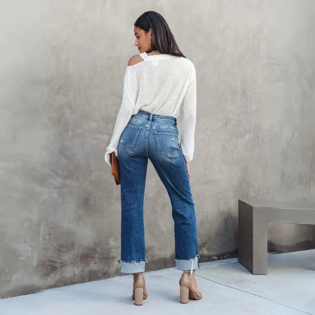 Straight-Leg Cuffed Jeans | Mid-Wash Denim | Rolled Hem Detail