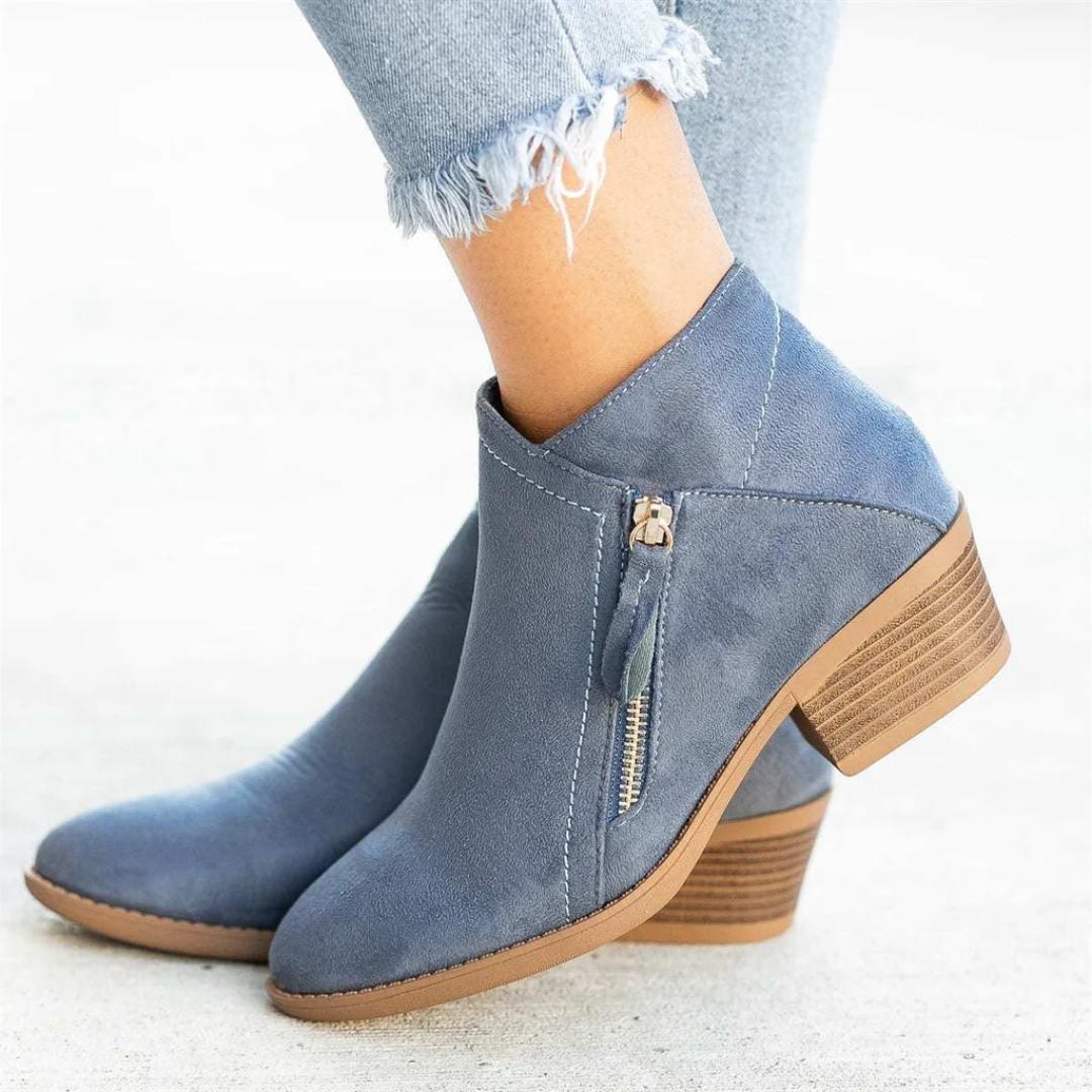 Suede Ankle Booties | Low Block Heel | Side Zip Casual Boots