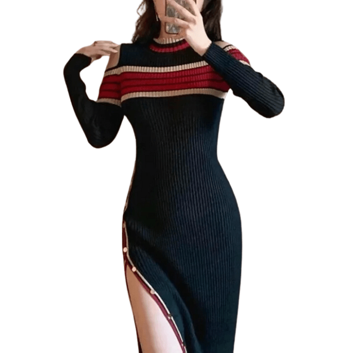 Cold-Shoulder Knit Midi Dress | Striped Detail & Side Button Slit | Sleek Fall Style
