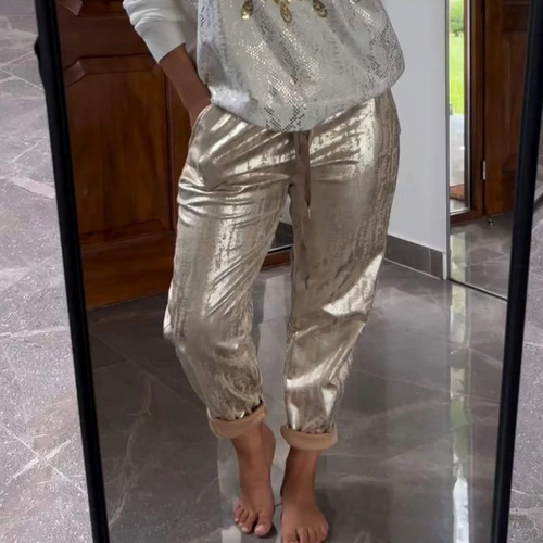 Metallic Gold Jogger Pants | Shiny Relaxed-Fit Trousers | Statement Lounge-to-Street Style