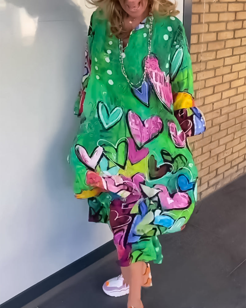 Abstract Heart Print Midi Dress | Long Sleeve Oversized Fit | Artistic Casual Statement Look