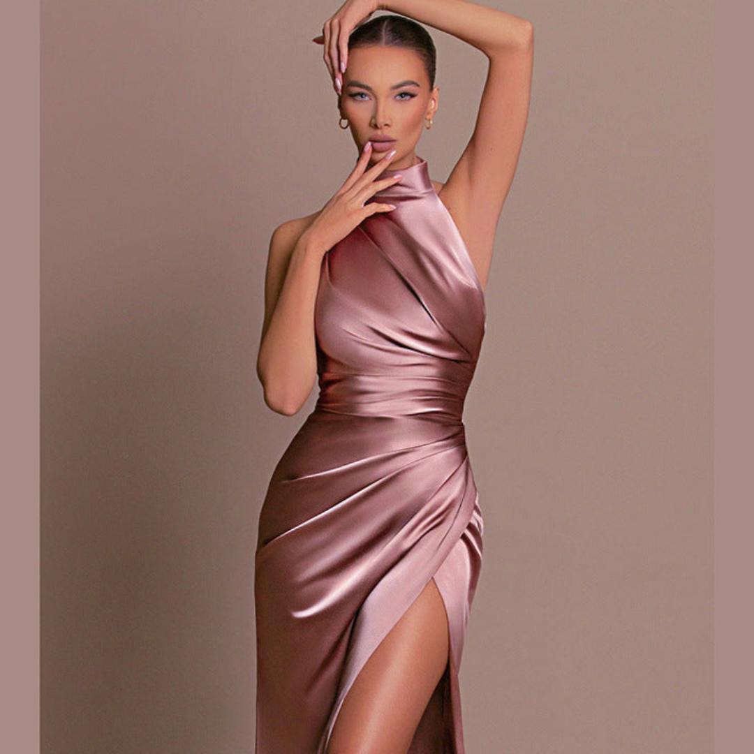 Satin Halter Neck Gown | Ruched Wrap Skirt | High Slit Evening Dress