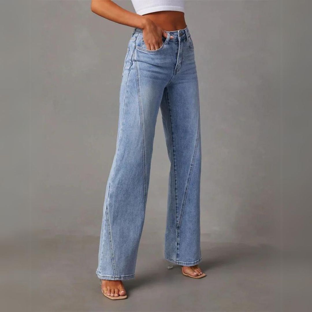 High-Waisted Flared Jeans | V-Seam Detail | Light Wash Denim