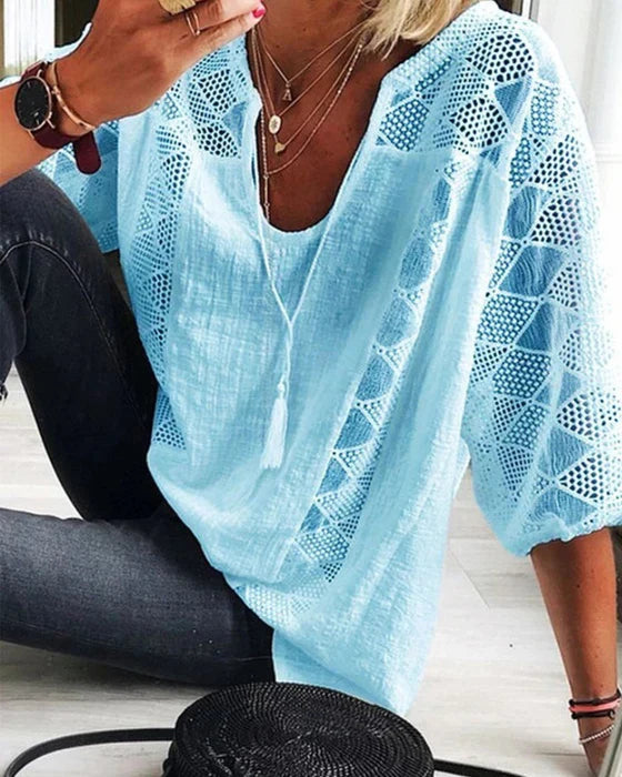 Women’s Crochet Panel Blouse | Lightweight Boho Top | 3/4 Sleeve Summer Tunic