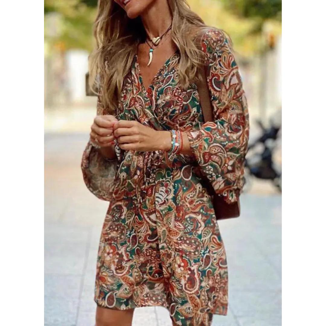 Women's Paisley Print Mini Dress | Flowy Long Sleeve V-Neck | Casual Boho Fall Outfit