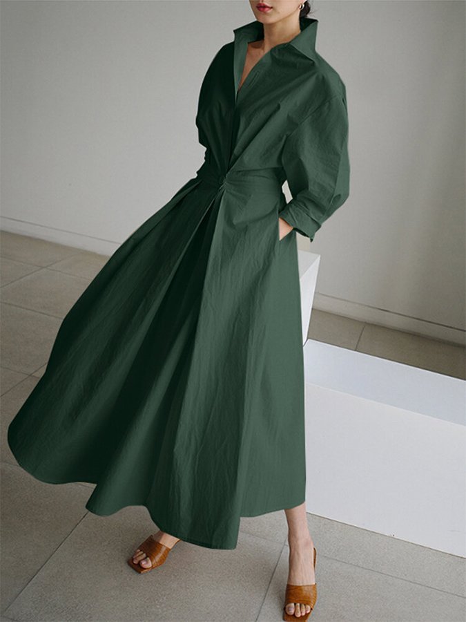 Structured Shirt Dress | Waist Pleat Detail & Midi Hem | Crisp Cotton Blend