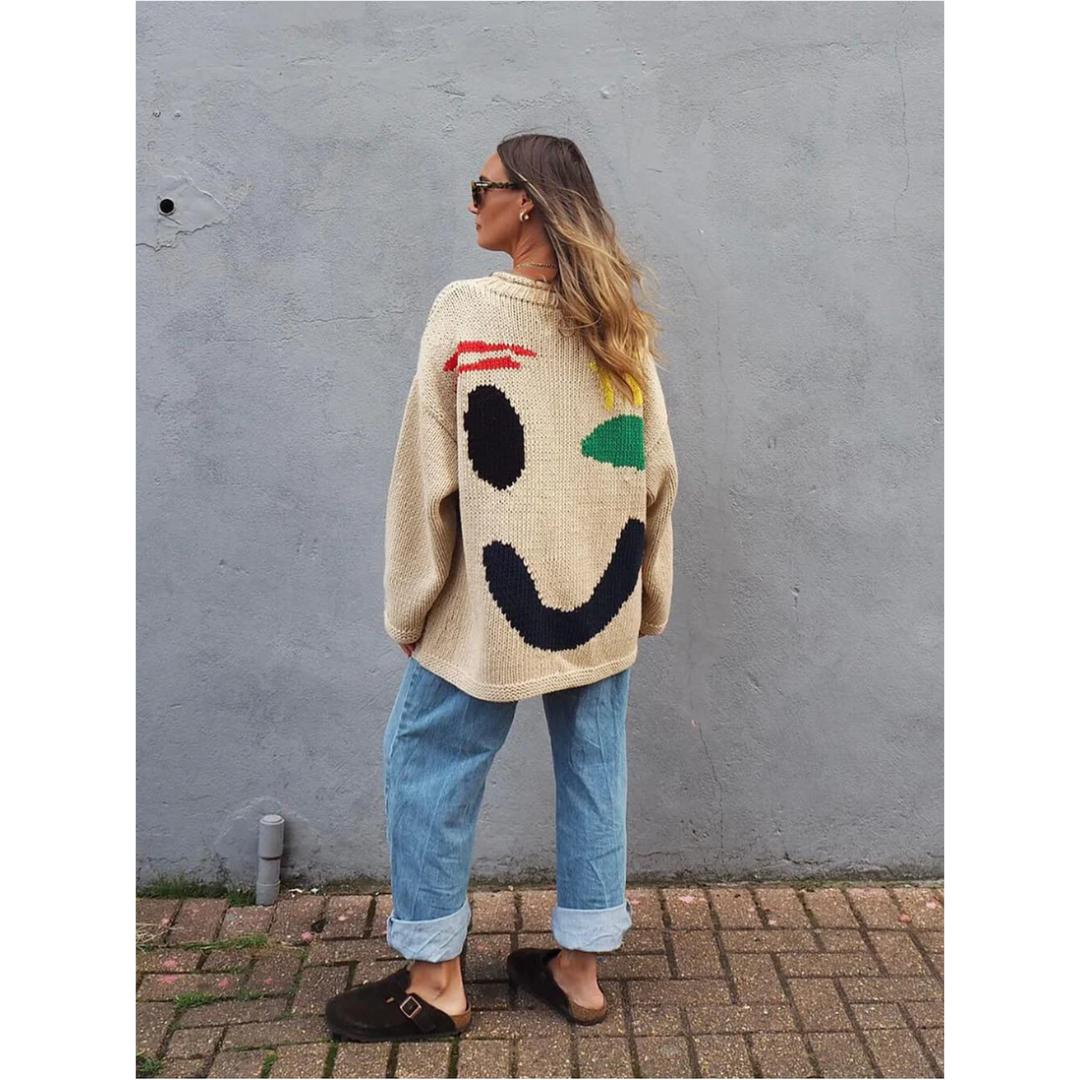 Oversized Knit Sweater | Abstract Face Embroidery | Art-Inspired Statement Pullover